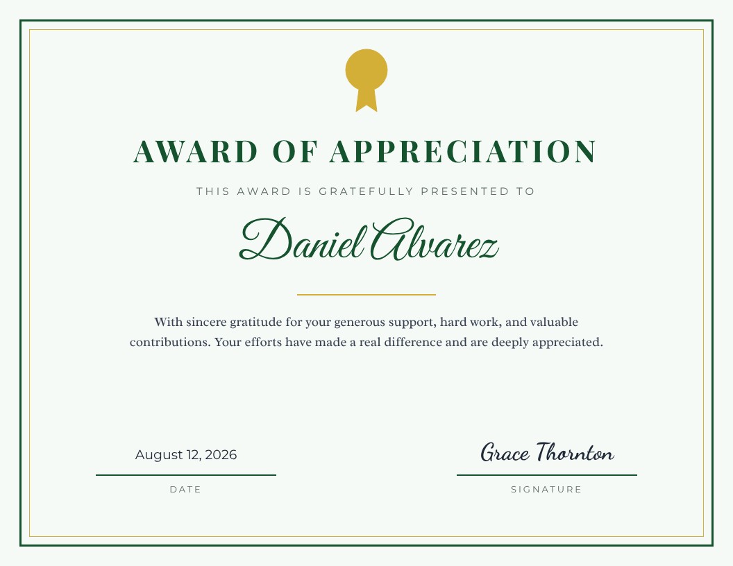 Emerald and gold award of appreciation template