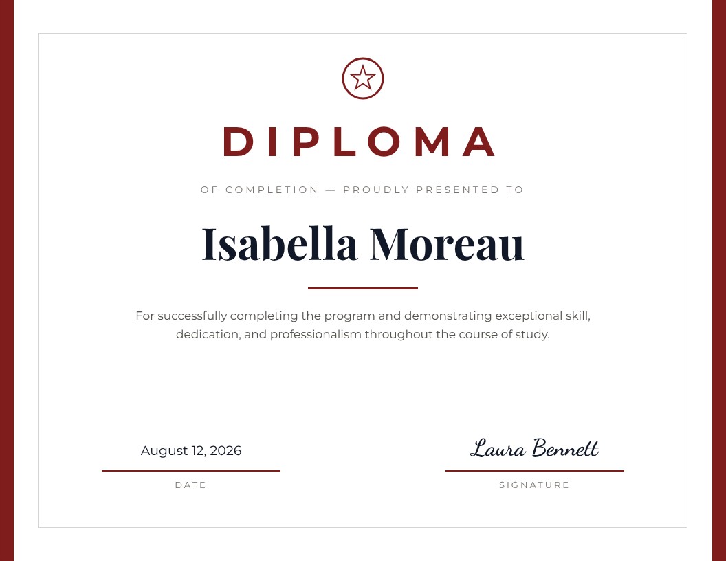 Modern burgundy diploma of completion template