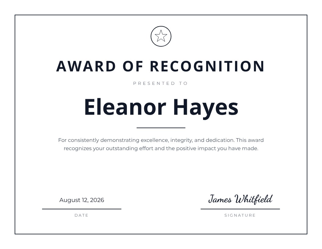 Minimal black and white award of recognition template